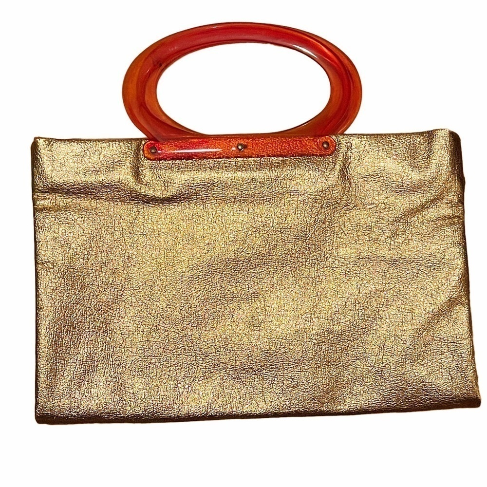 Vintage 60s Large Gold Metallic Tote Bag Clutch Purse With Orange Lucite Handles - Picture 1 of 10